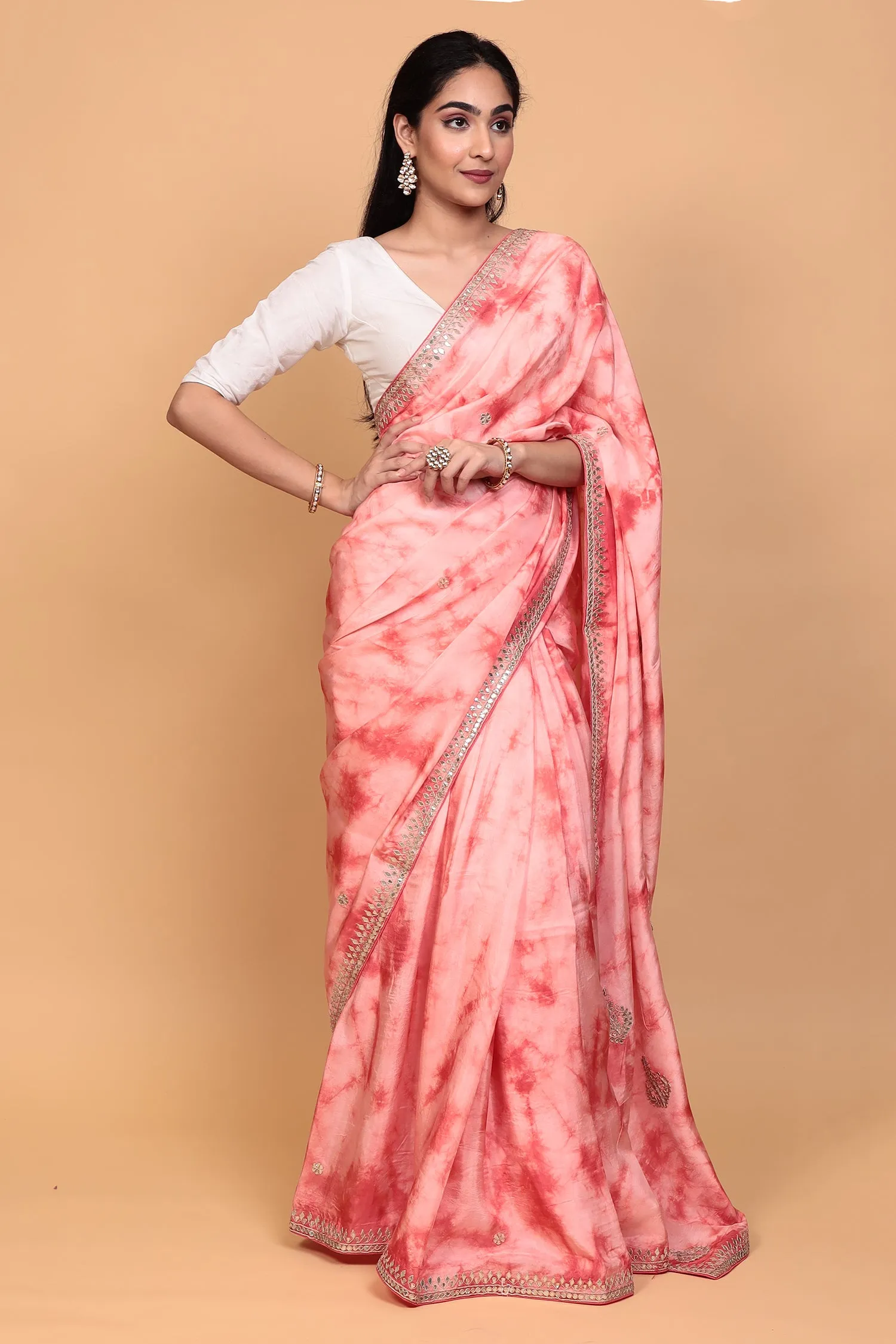 Crepe silk Saree with Gota Patti, Tie & Dye work.