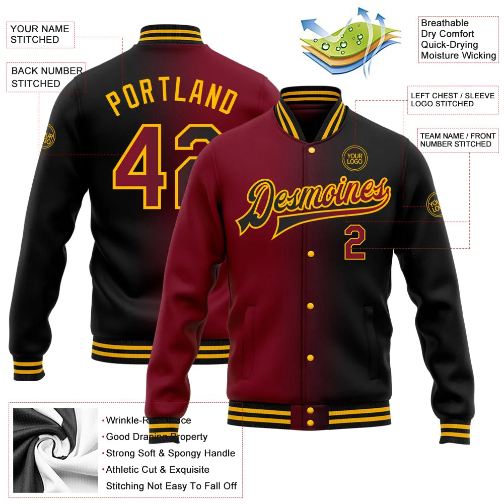 Custom Black Crimson-Gold Bomber Full-Snap Varsity Letterman Gradient Fashion Jacket