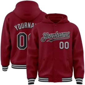 Custom Crimson Black-Gray Bomber Full-Snap Varsity Letterman Hoodie Jacket