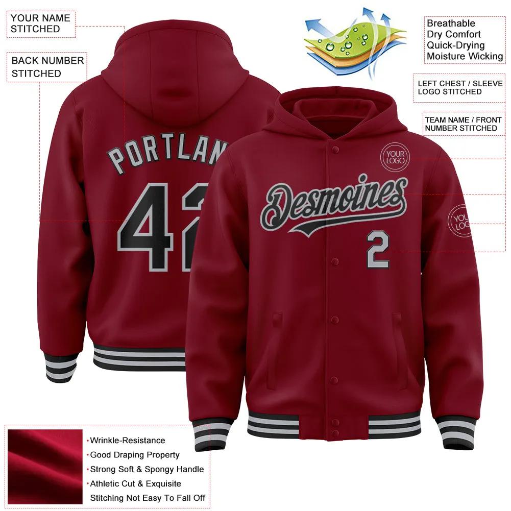 Custom Crimson Black-Gray Bomber Full-Snap Varsity Letterman Hoodie Jacket