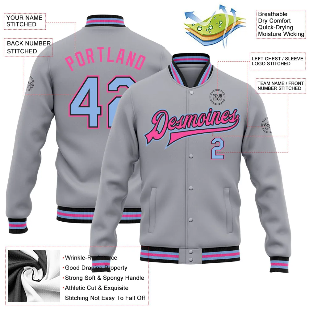 Custom Gray Light Blue Black-Pink Bomber Full-Snap Varsity Letterman Jacket