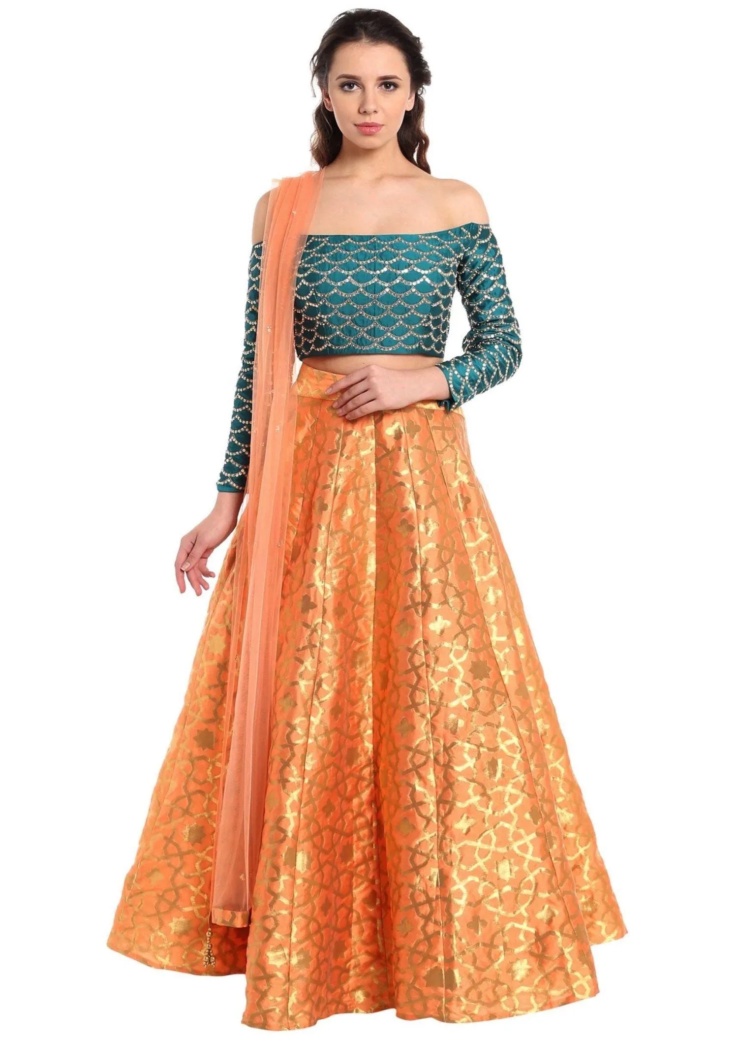 Dark peach lehenga with off shoulder teal blouse