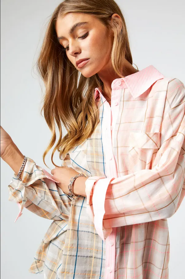 Davi & Dani Plus Neon Multi Plaid Button Down Blouse