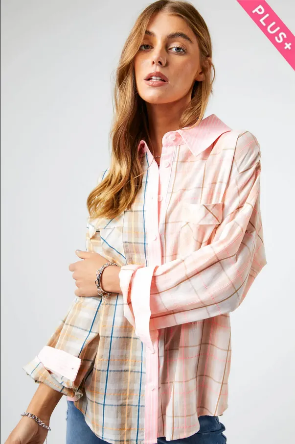 Davi & Dani Plus Neon Multi Plaid Button Down Blouse