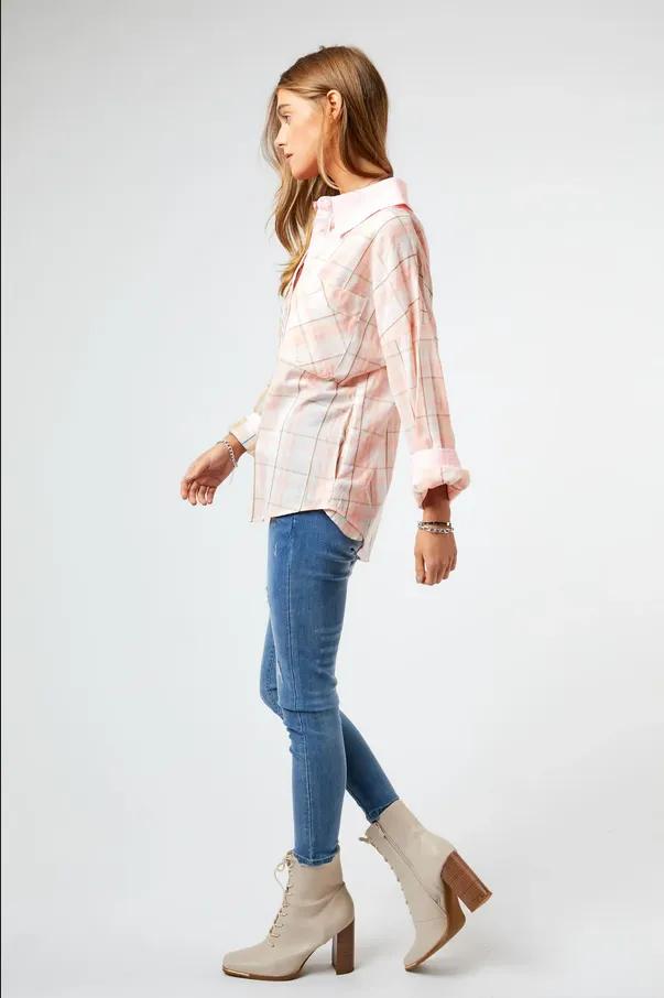 Davi & Dani Plus Neon Multi Plaid Button Down Blouse