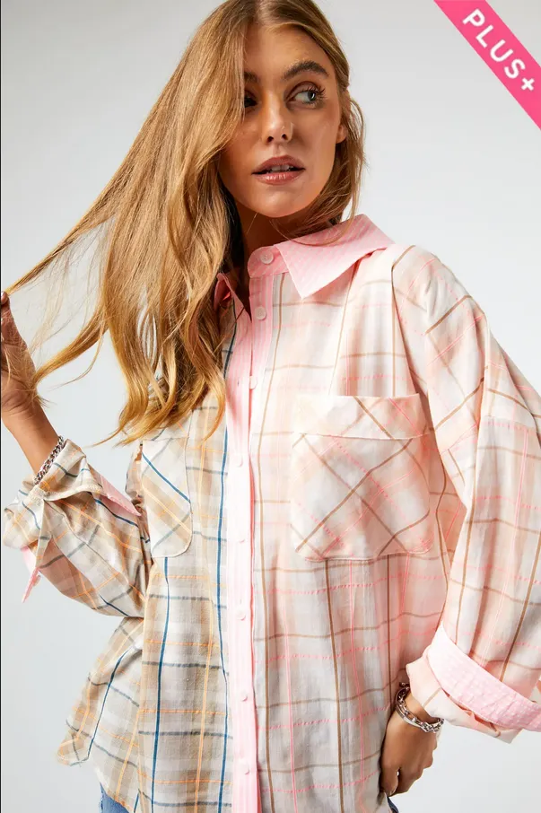 Davi & Dani Plus Neon Multi Plaid Button Down Blouse