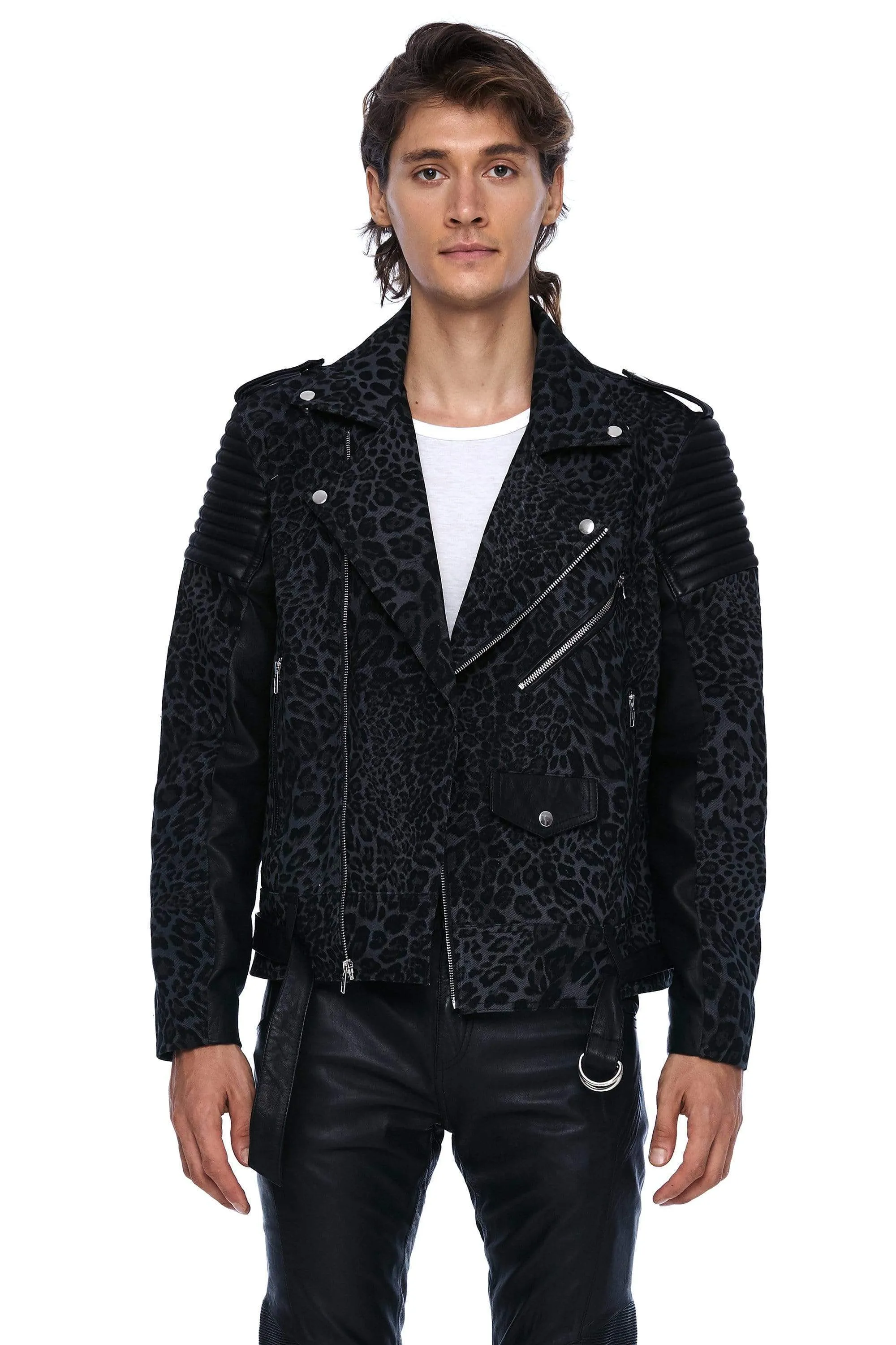 DENIM AND LEATHER BIKER JACKET IN GREY LEOPARD