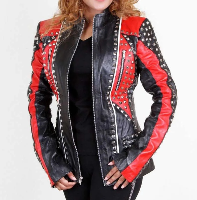 Designer Ladies Handmade Leather Red & Black Studded Jacket, Womens Biker Punk Jacket