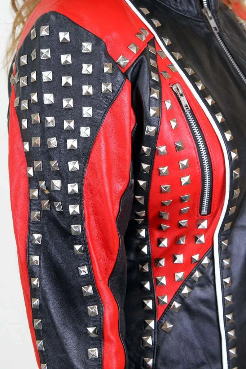 Designer Ladies Handmade Leather Red & Black Studded Jacket, Womens Biker Punk Jacket