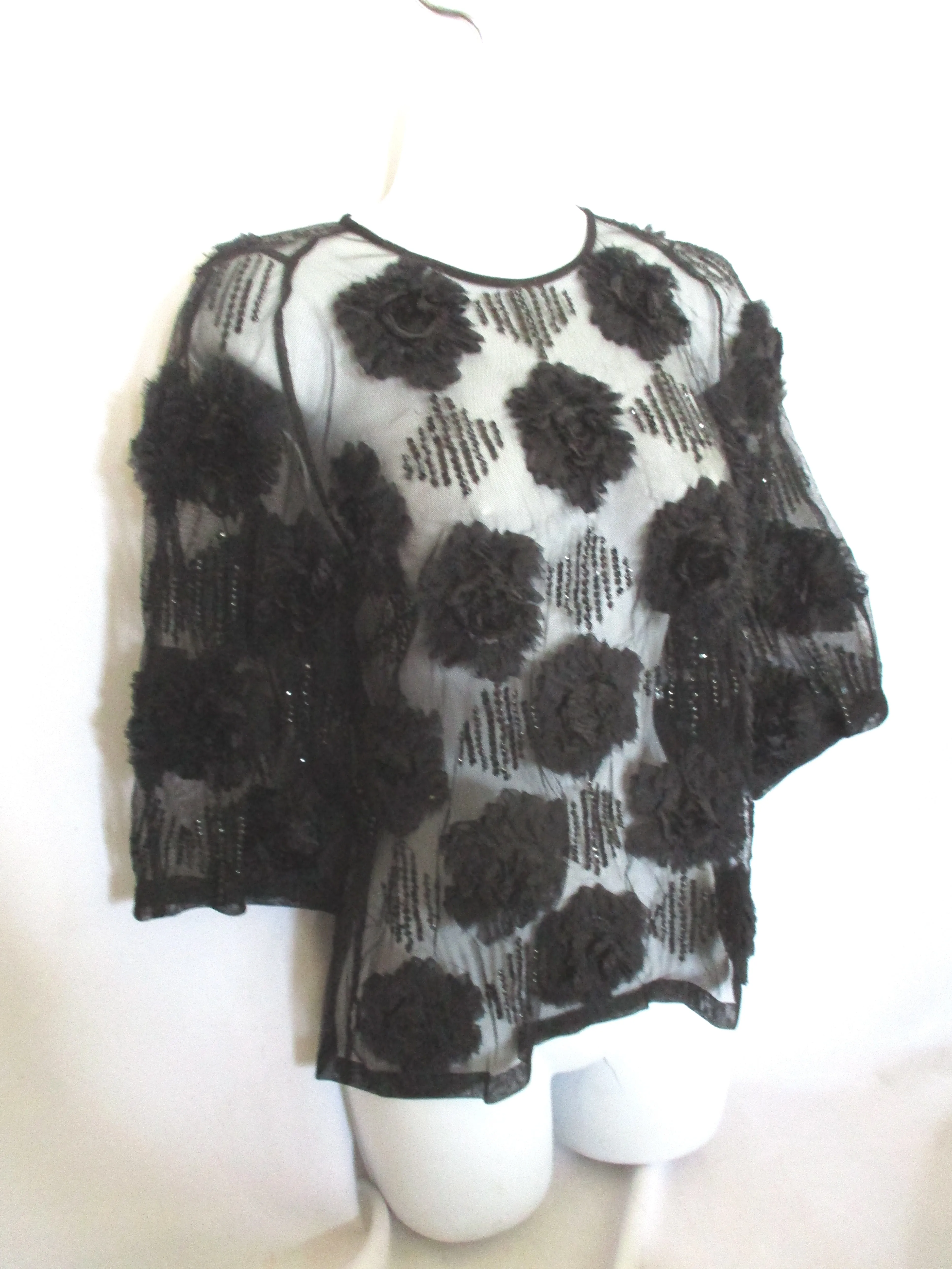 DRIES VAN NOTEN Silk ROSE Mesh Lace Floral Blouse Top Shirt 38 BLACK