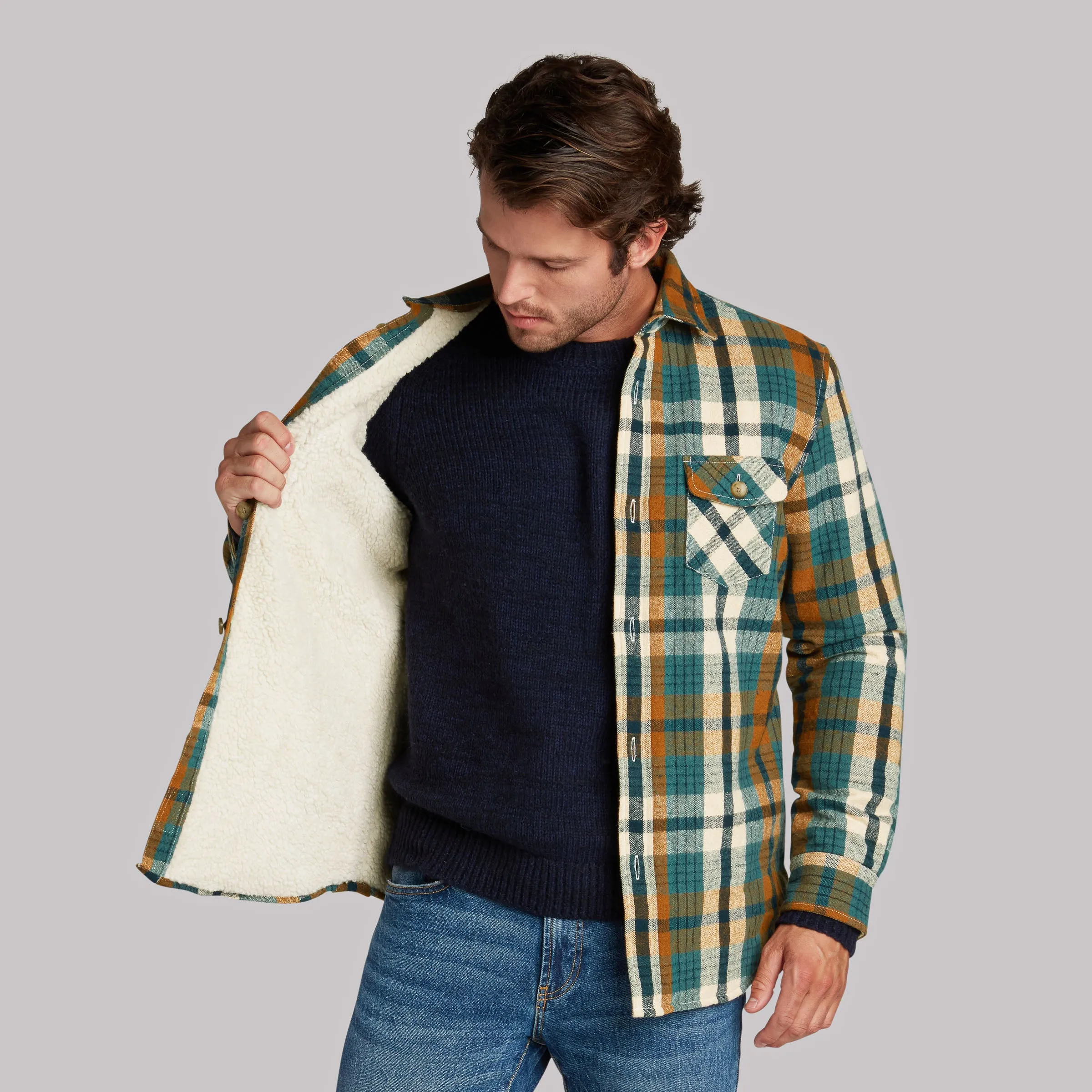 Edmund Sherpa Lined Jacket-Saddle/Blue/Cream