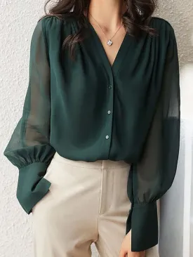 Elegant V-Neck Blouse with Sheer Sleeves