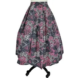 Fab 50s  VTG Pink Grey Pleated Full Skirt Heart Pattern Belt Loops S  Cotton