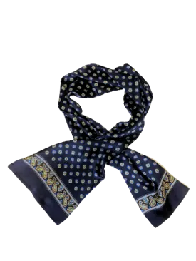 Flower Paisley Navy Blue 100% Silk Scarf 157 x 27 cm