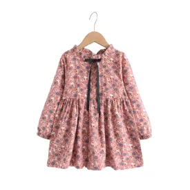 Full Sleeve Daisy Floral Front Bow Girls Dress, Multicolour