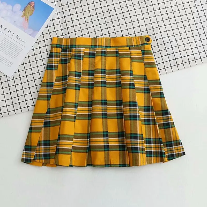 Getadme E-girl Plaid Mini Pleated Skirt Korean Kawaii High Waist A-Line Tennis Skirt Women Stylish School Students Girls Preppy Style