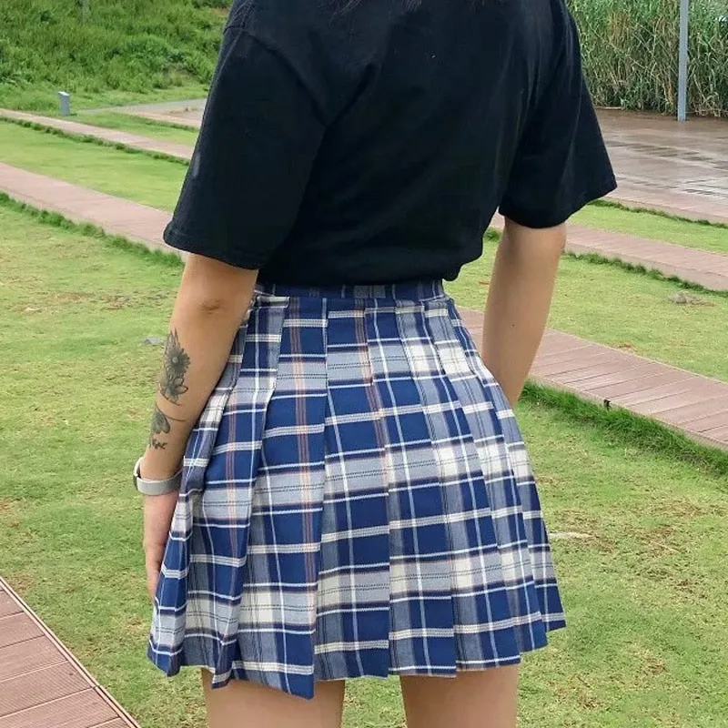 Getadme E-girl Plaid Mini Pleated Skirt Korean Kawaii High Waist A-Line Tennis Skirt Women Stylish School Students Girls Preppy Style