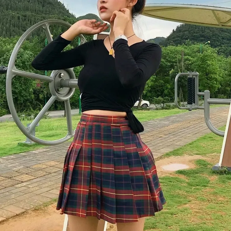 Getadme E-girl Plaid Mini Pleated Skirt Korean Kawaii High Waist A-Line Tennis Skirt Women Stylish School Students Girls Preppy Style