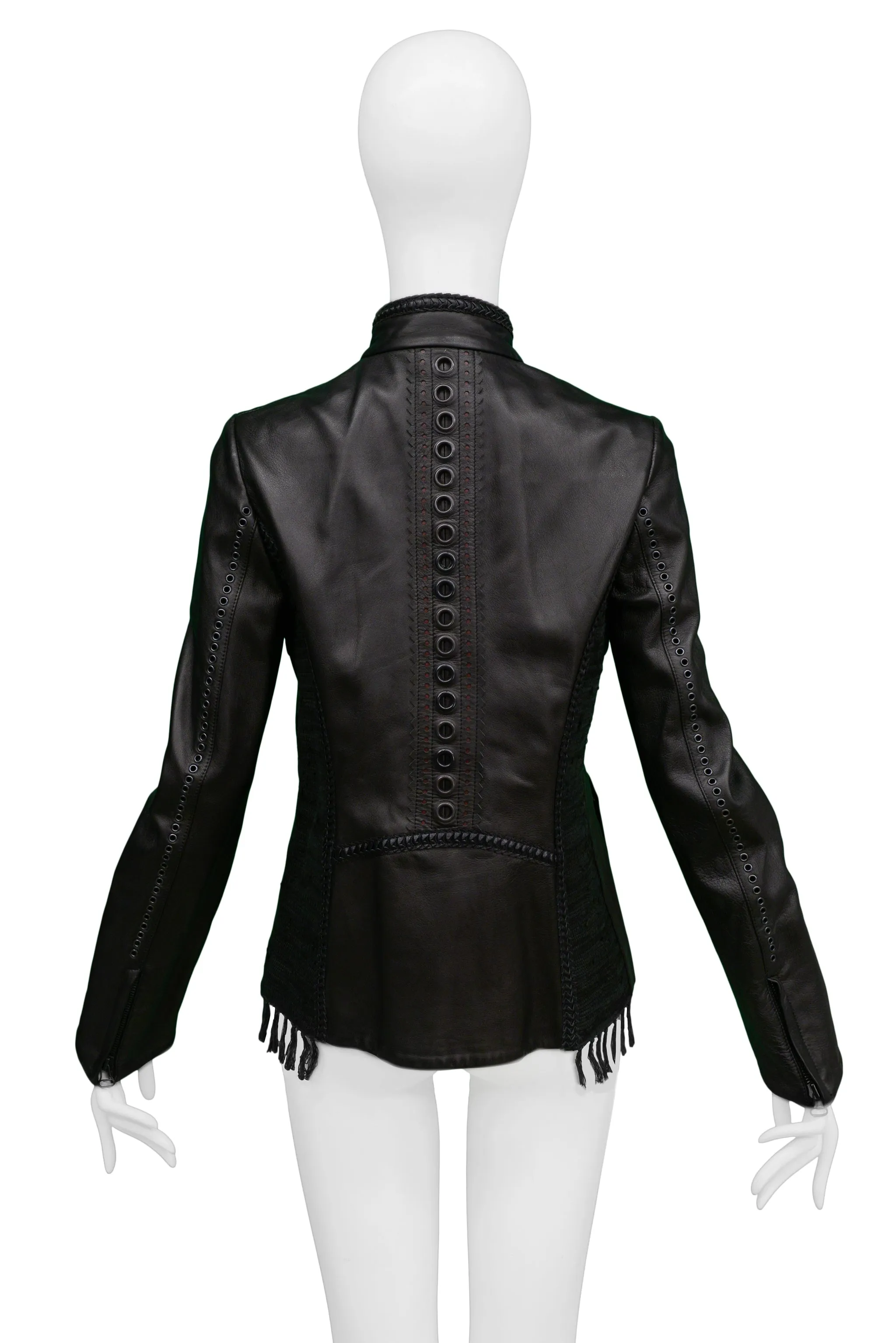 GIANFRANCO FERRE BLACK MOTORCYCLE LEATHER JACKET WITH FUR TRIM