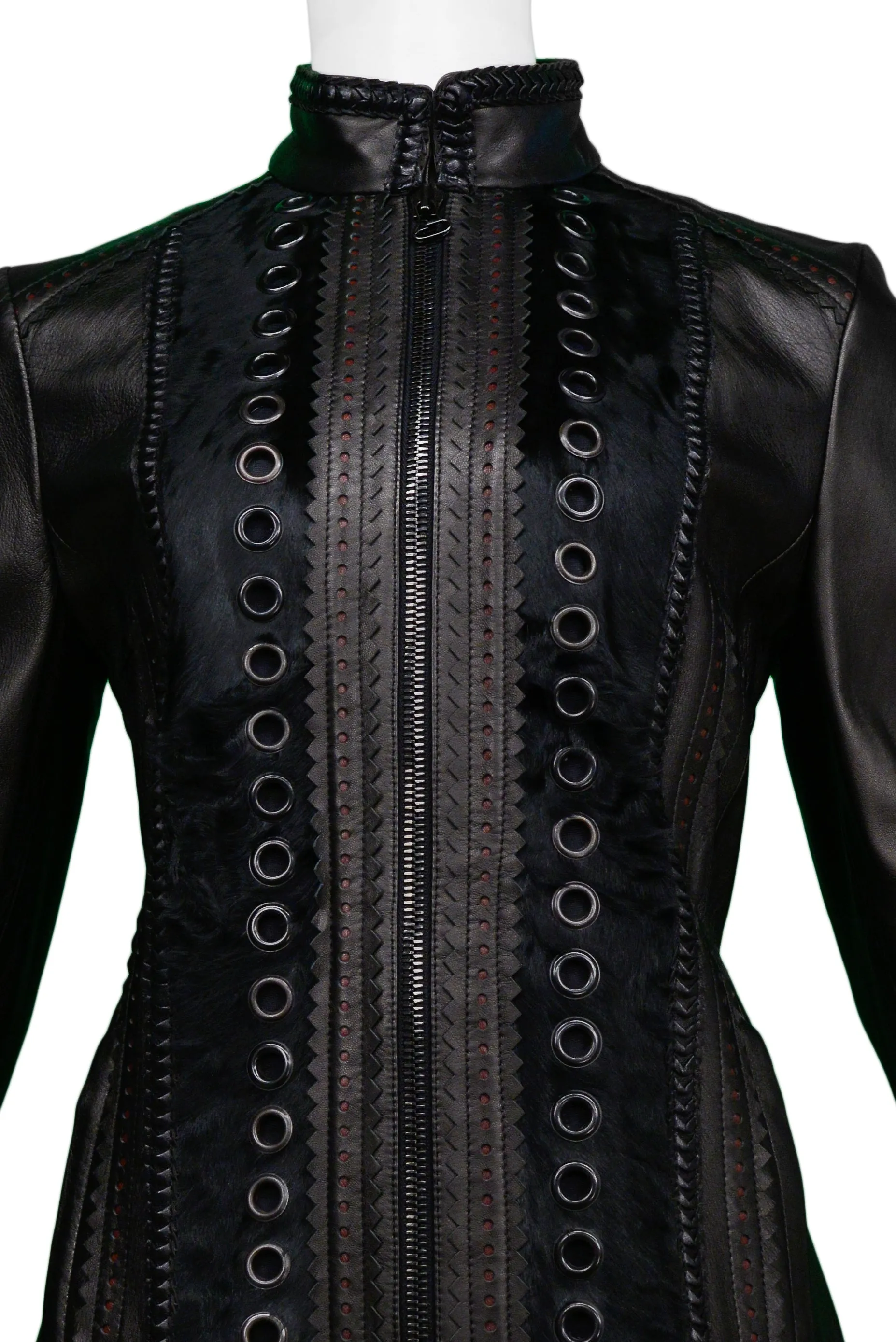 GIANFRANCO FERRE BLACK MOTORCYCLE LEATHER JACKET WITH FUR TRIM