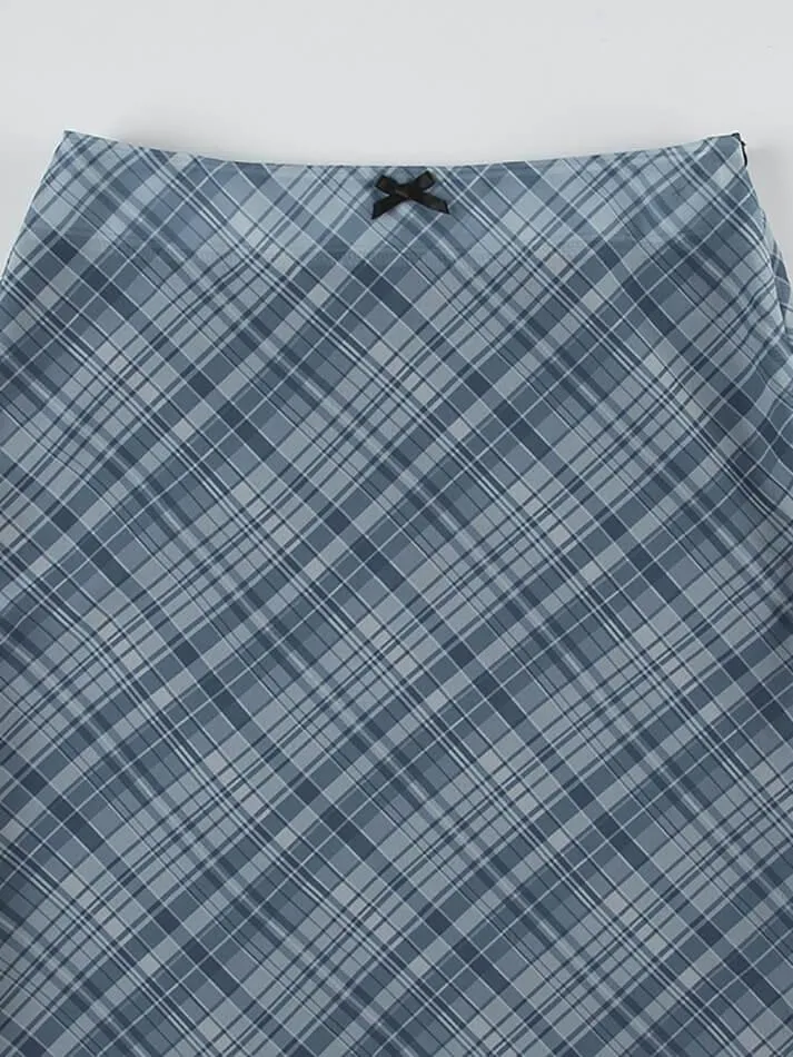 High Waist Bow Accent Plaid Mesh Midi Skirt