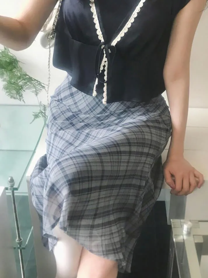 High Waist Bow Accent Plaid Mesh Midi Skirt