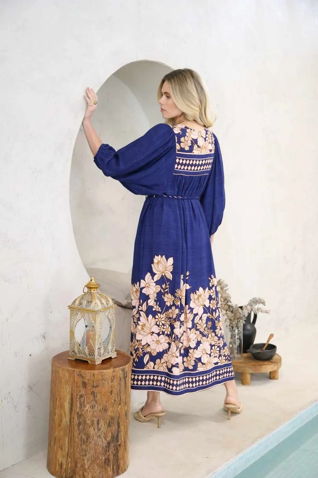 Iris Maxi - Sicilia Midi Dress V Neck Button Front in Marrakech