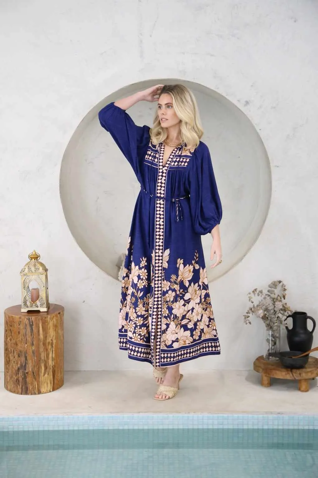 Iris Maxi - Sicilia Midi Dress V Neck Button Front in Marrakech