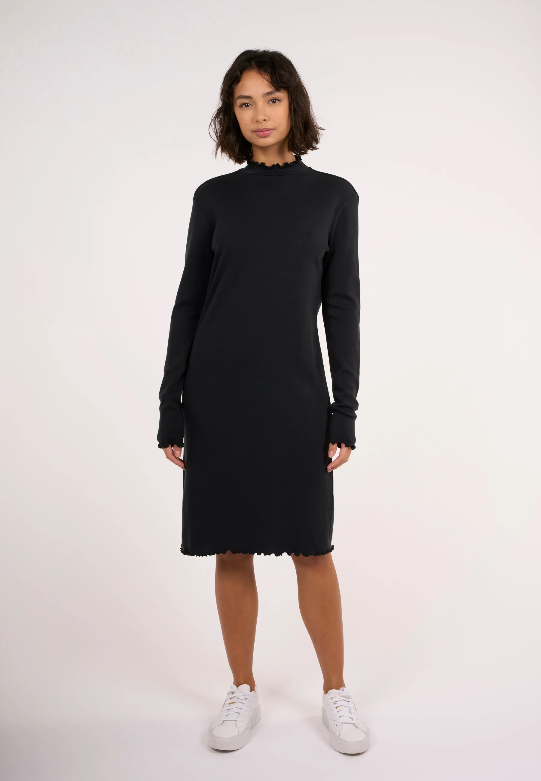 Jersey wool high neck long sleeve merino dress - Black Jet