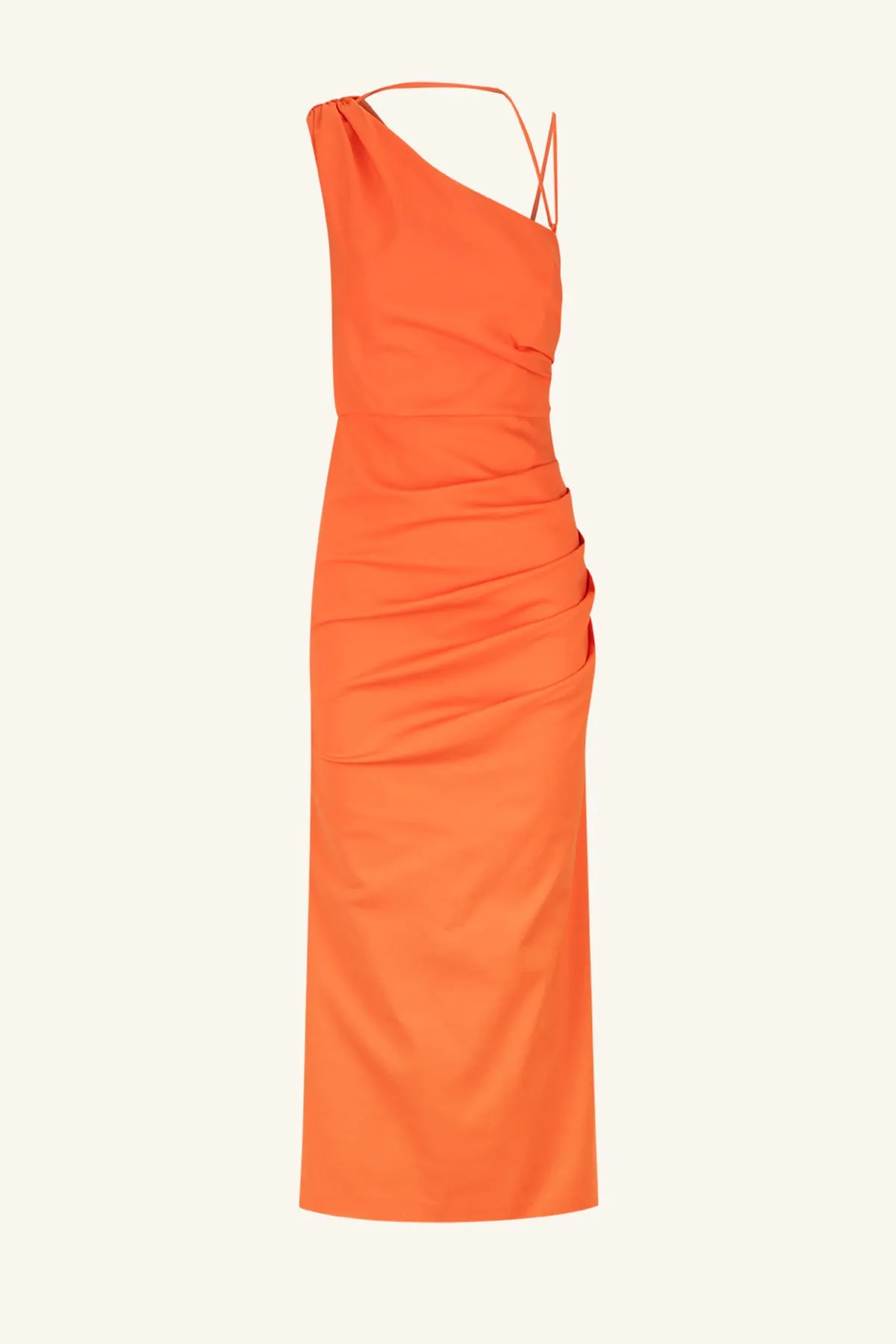 LANI ASYMMETRICAL GATHERED MIDI DRESS - HIBISCUS