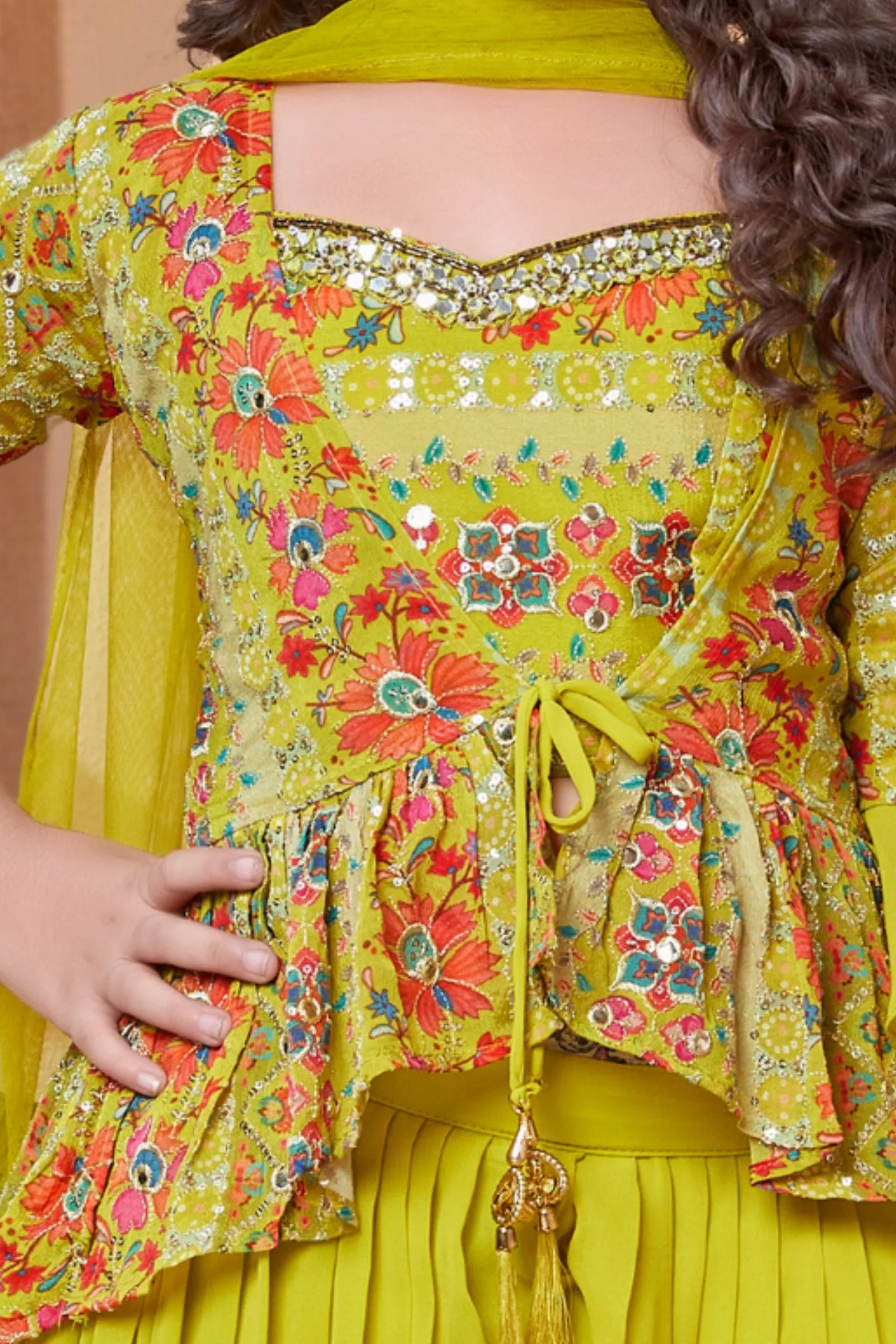 Lemon Green Sequins and Zari work with Digital Print Overcoat Styled Palazzo Set For Girls