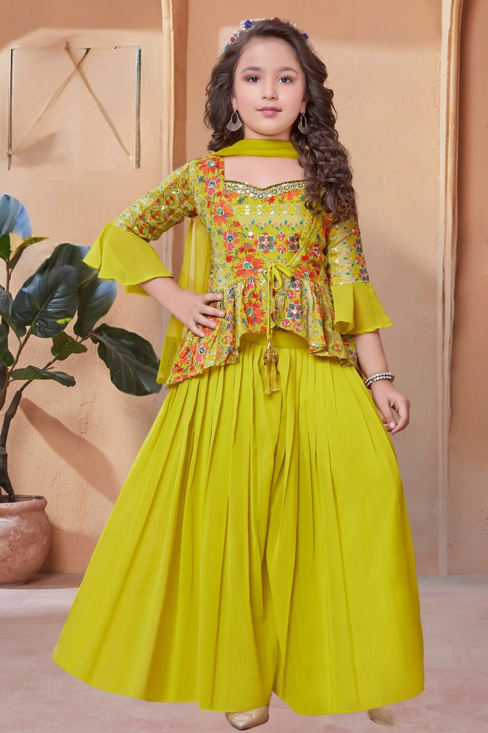 Lemon Green Sequins and Zari work with Digital Print Overcoat Styled Palazzo Set For Girls