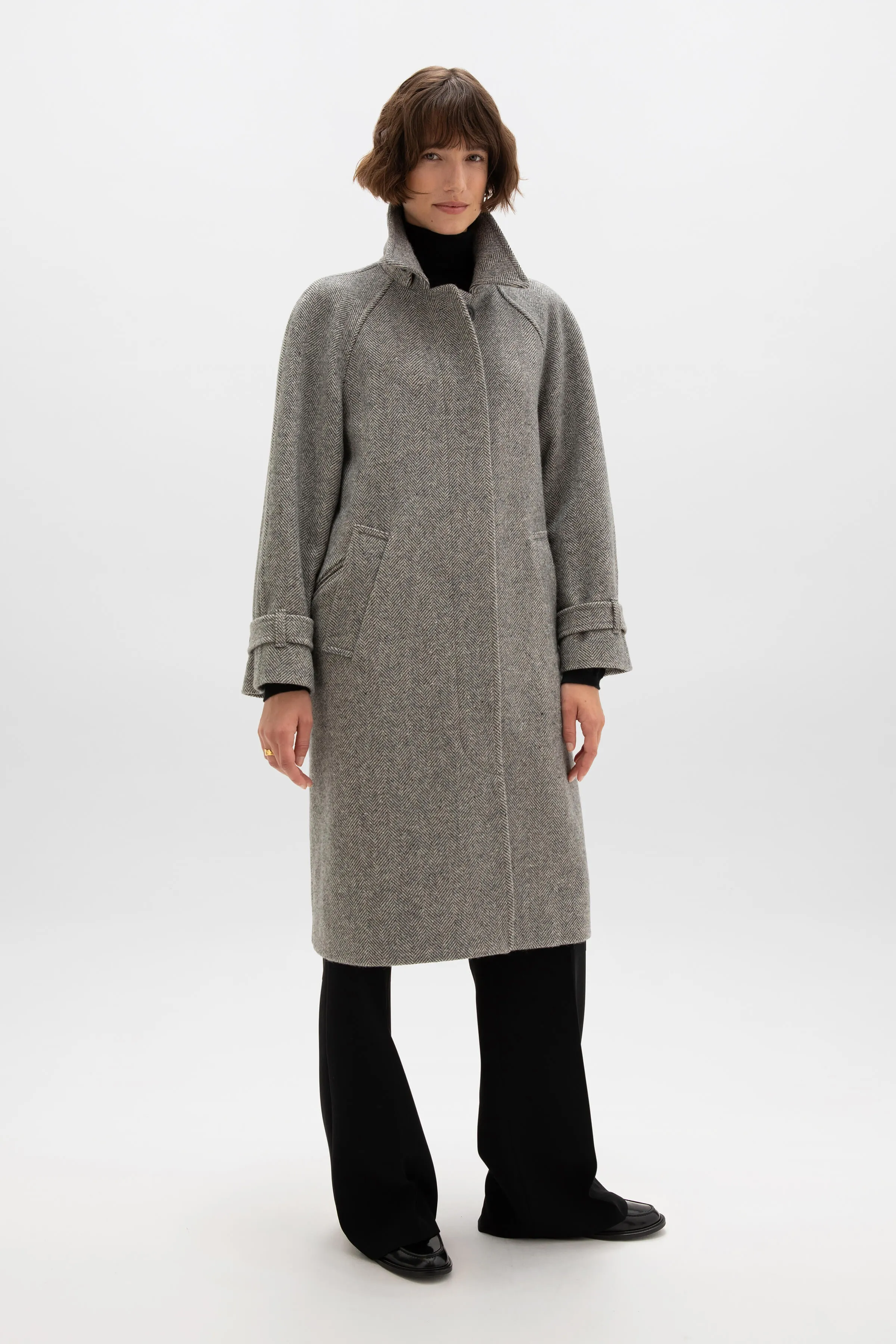 Limited Edition Womens Herringbone Balmacaan Coat | Ash & Blonde