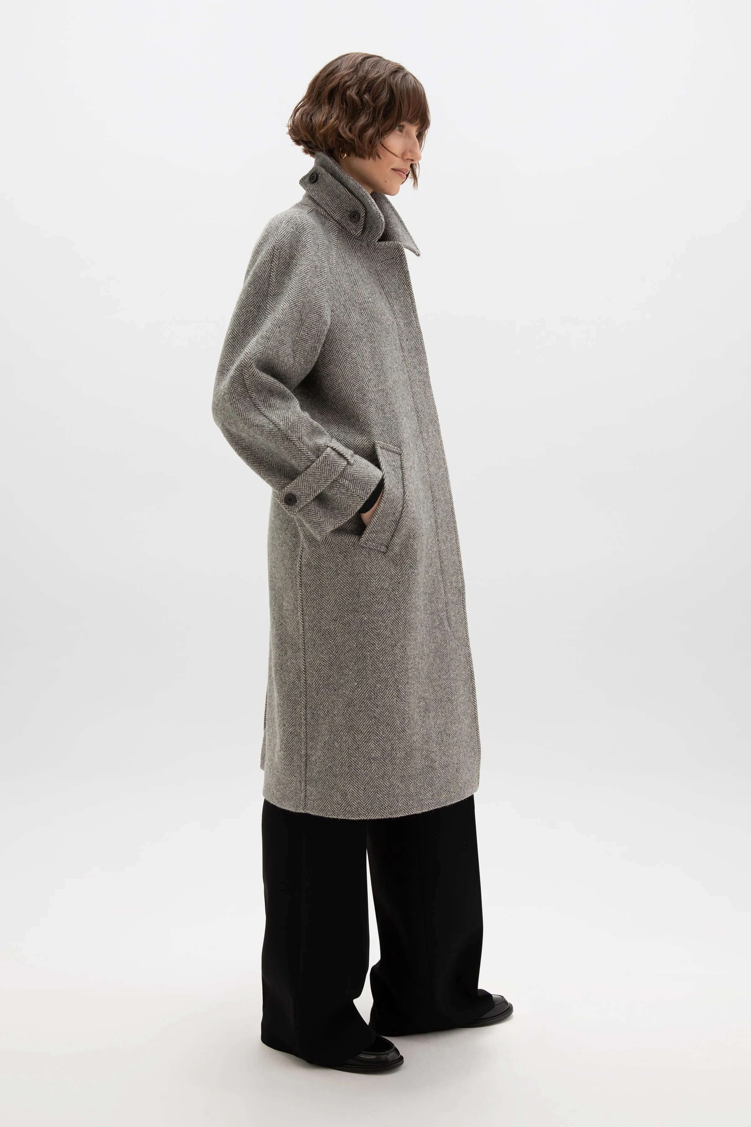 Limited Edition Womens Herringbone Balmacaan Coat | Ash & Blonde