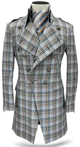 long coat men, plaid high collar, Gray