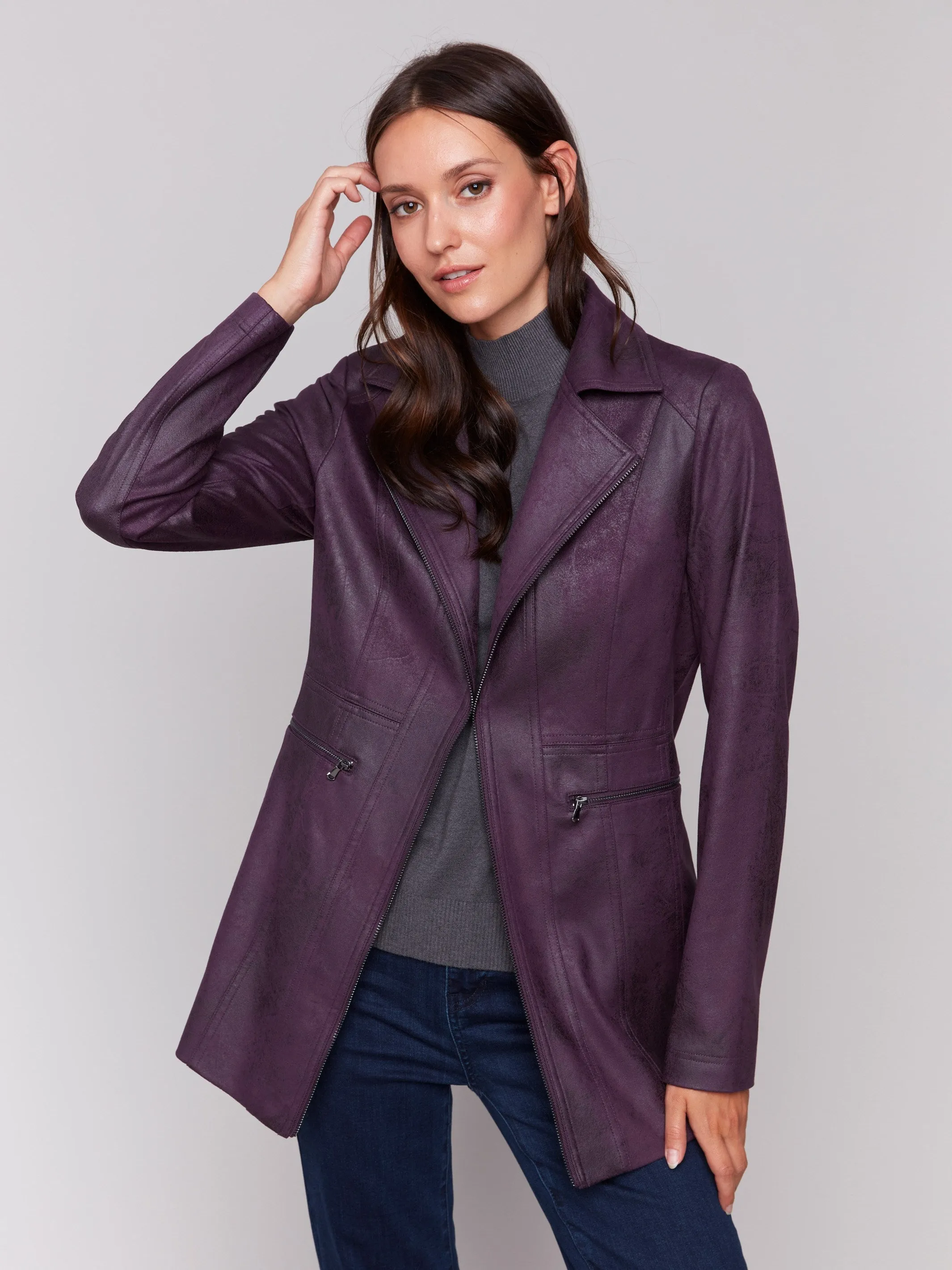 Long Vintage Faux Suede Jacket - Plum