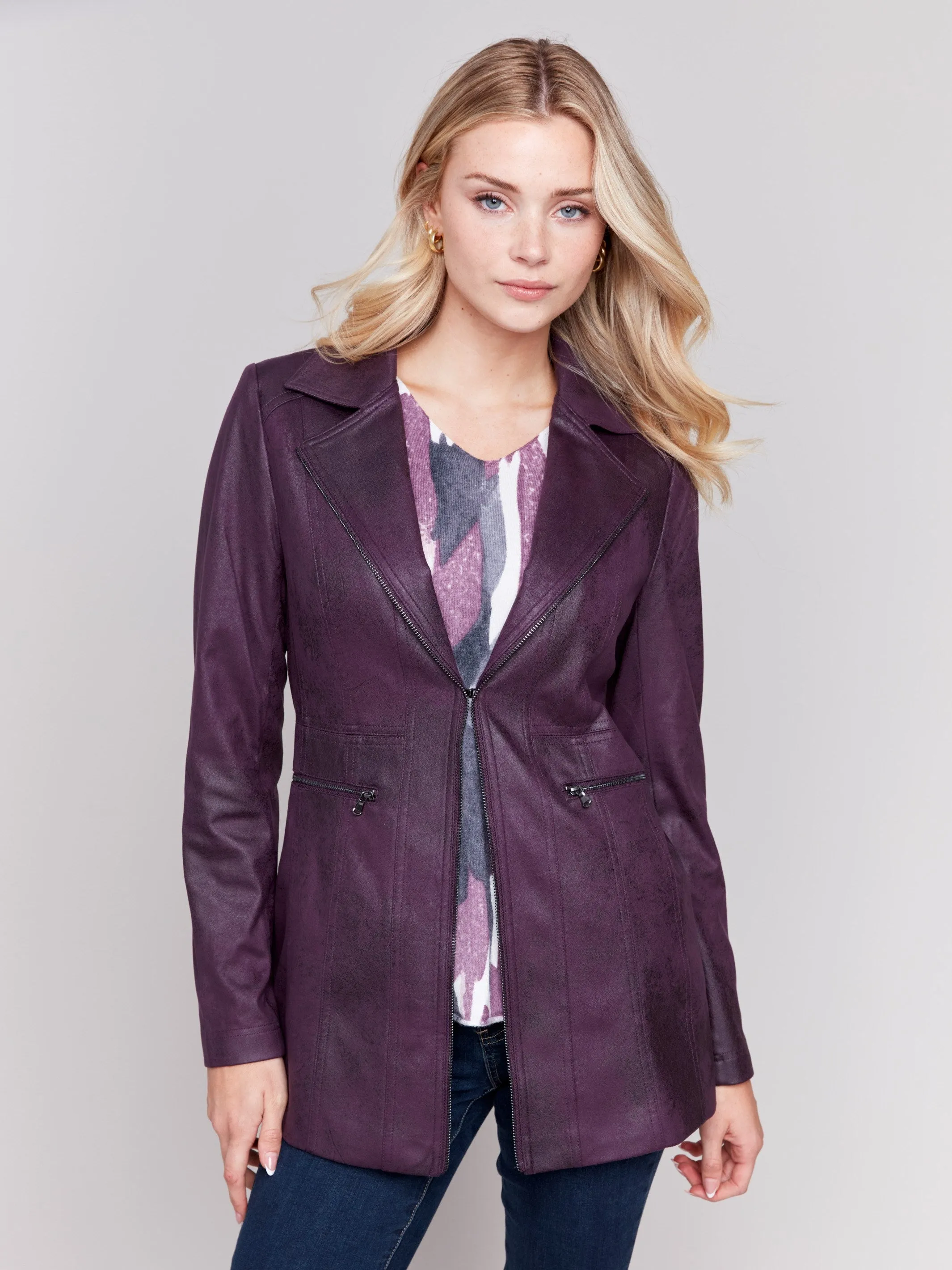 Long Vintage Faux Suede Jacket - Plum