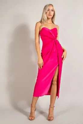 Magenta Satin Sweetheart Wrap Midi Dress