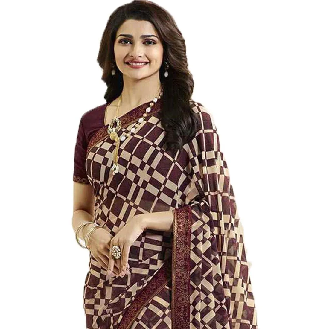 Maroon and Cream Box Printed Georgette Saree