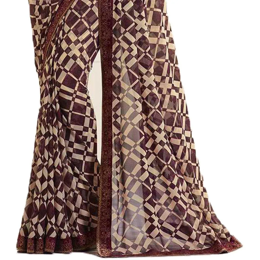 Maroon and Cream Box Printed Georgette Saree