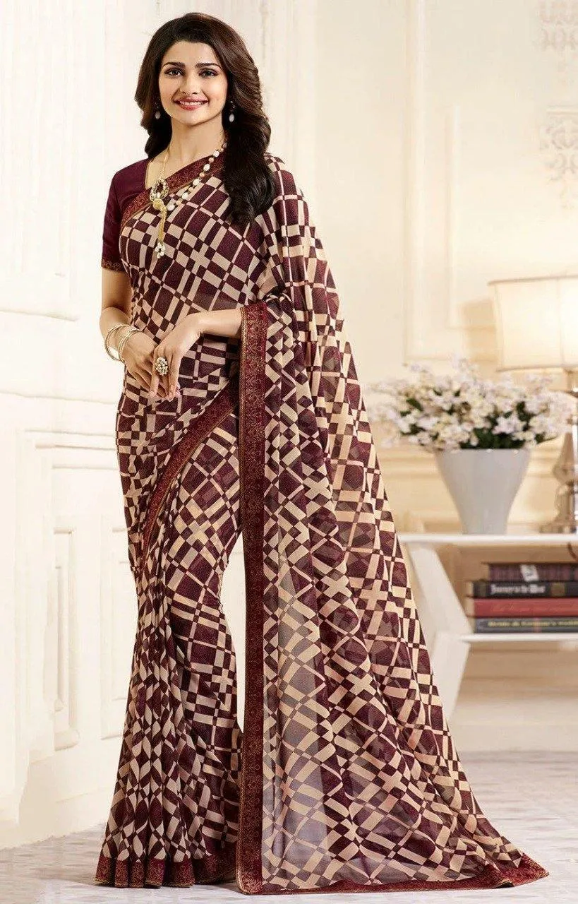 Maroon and Cream Box Printed Georgette Saree