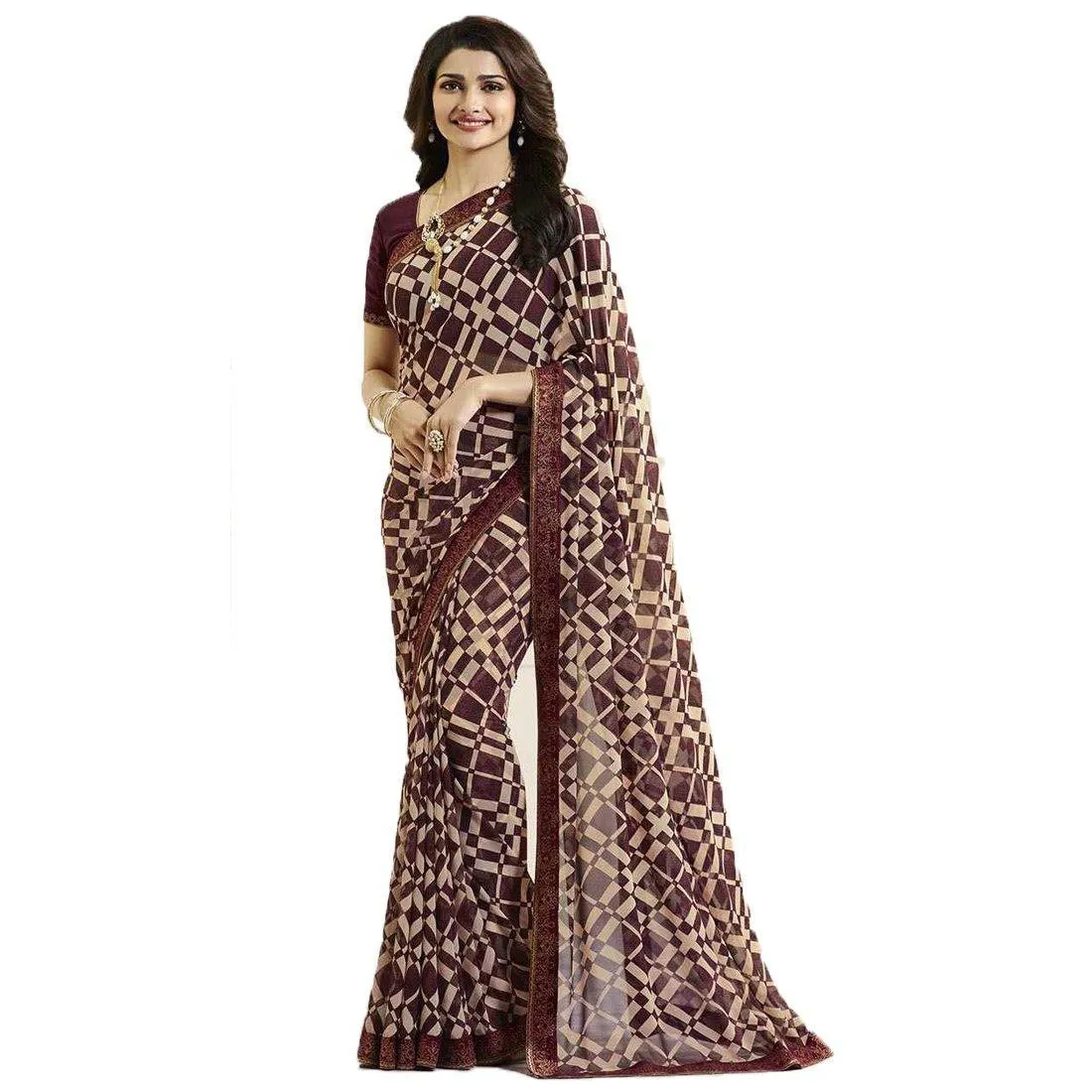 Maroon and Cream Box Printed Georgette Saree