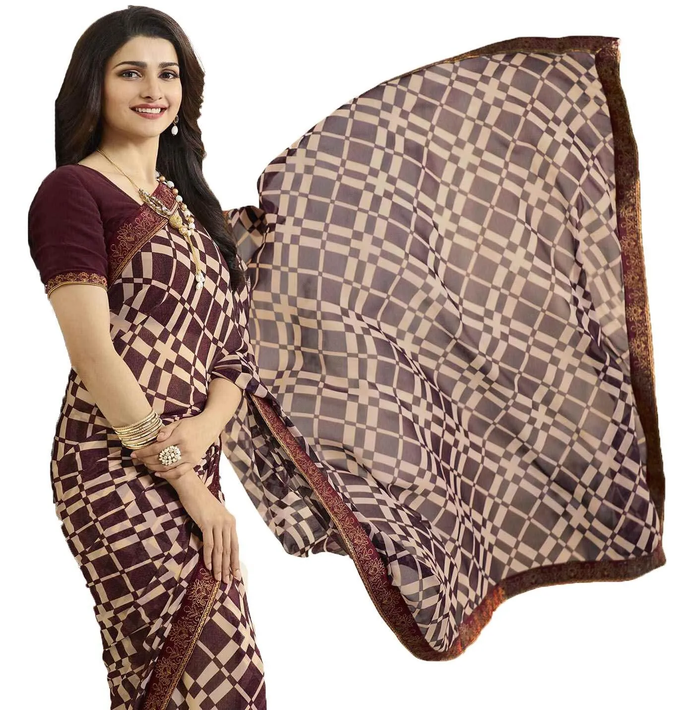 Maroon and Cream Box Printed Georgette Saree