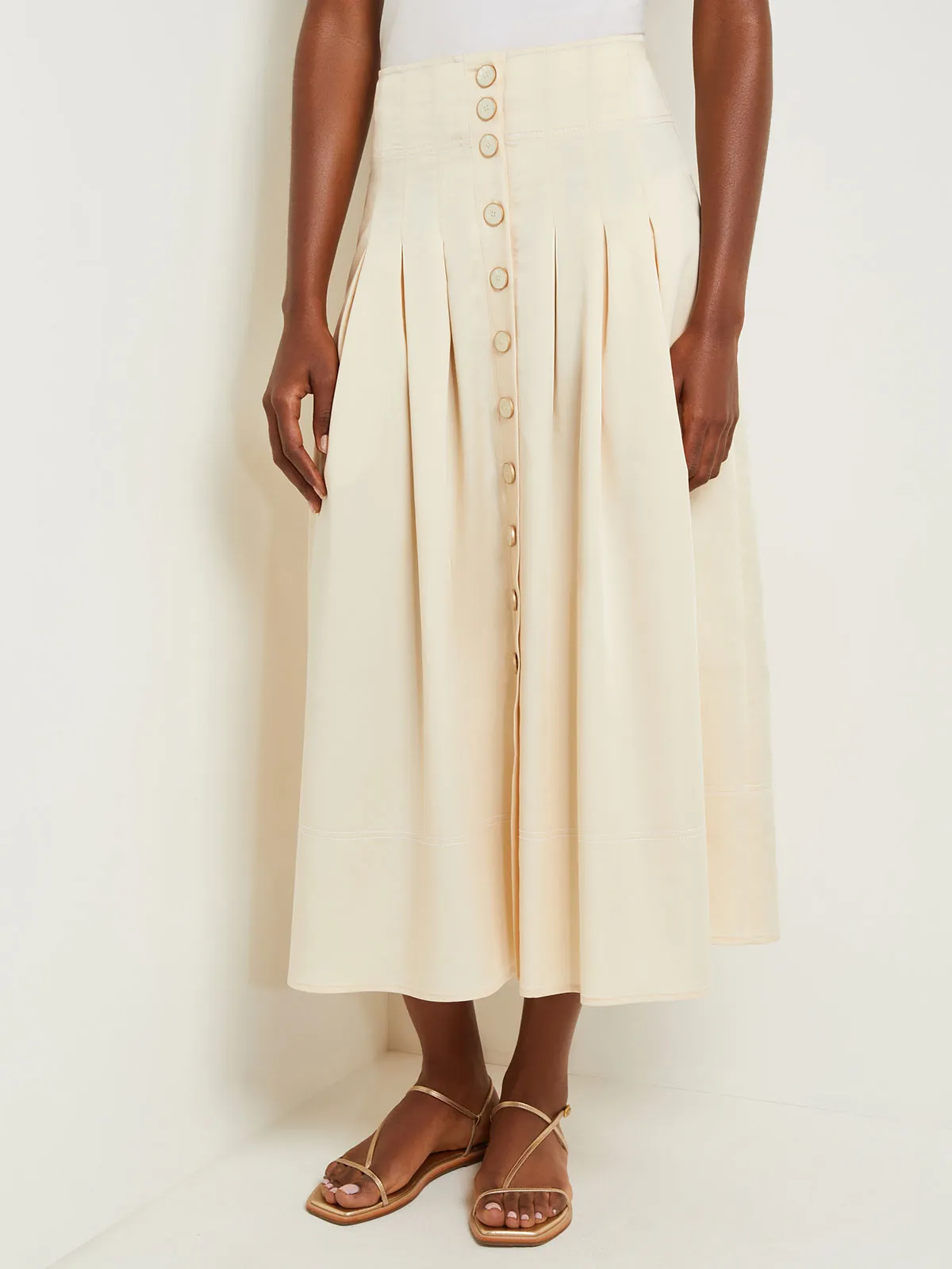 Maxi Button Front A-Line Skirt - Pleated Woven