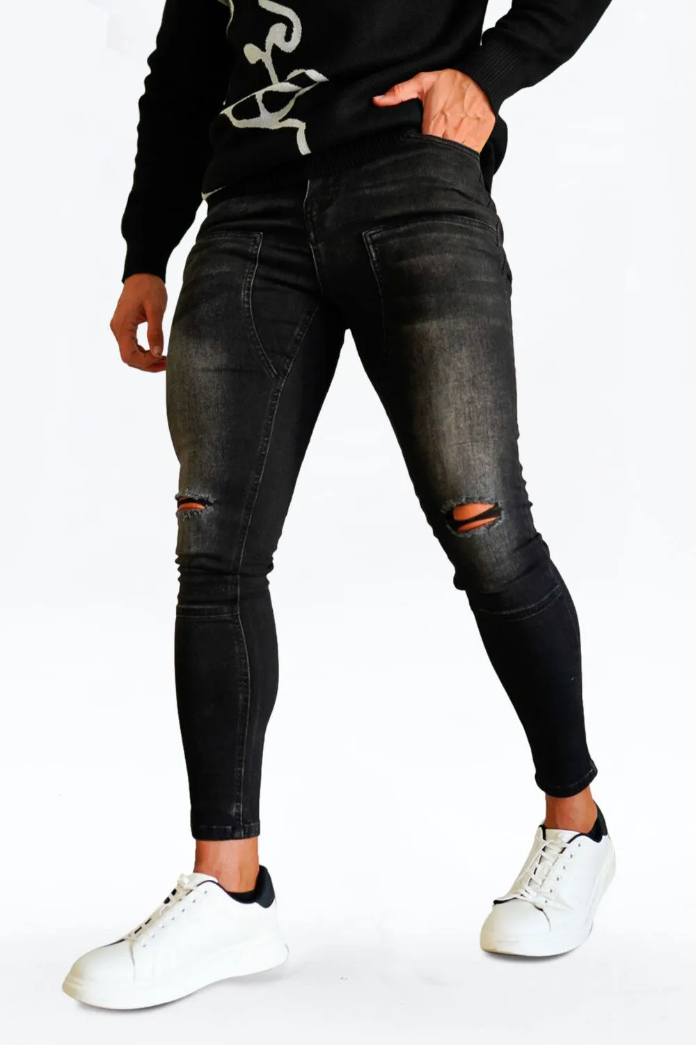 Men's Black Ripped Stretch Jean