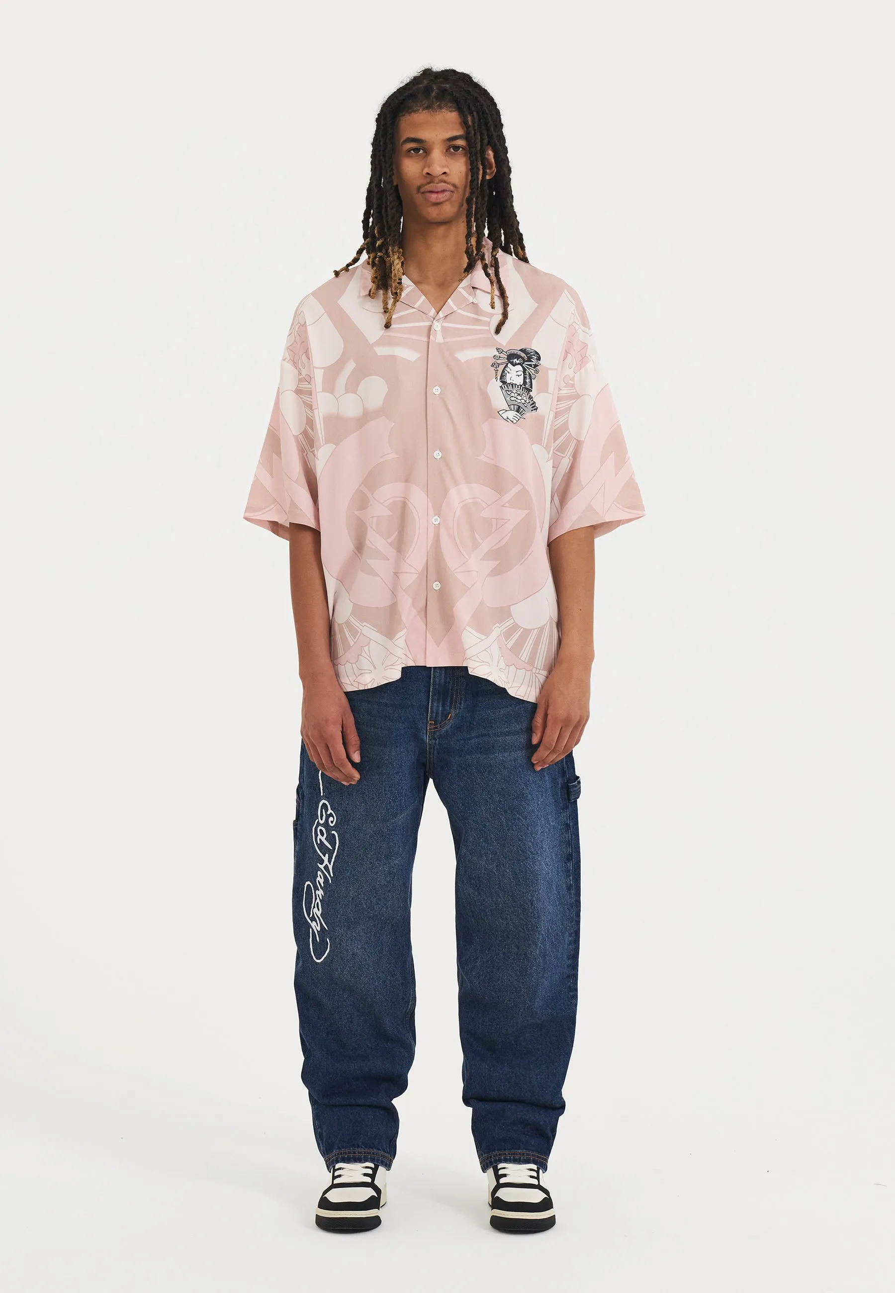 Mens Geisha Fan Camp Short Sleeve Shirt - Pink/White