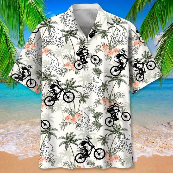 Mountain Bike Nature Flower Hawaiian Shirt, Men's Hawaiian Shirt Tropical Aloha Shirts Short Sleeve Beach Holiday Casual Shirts