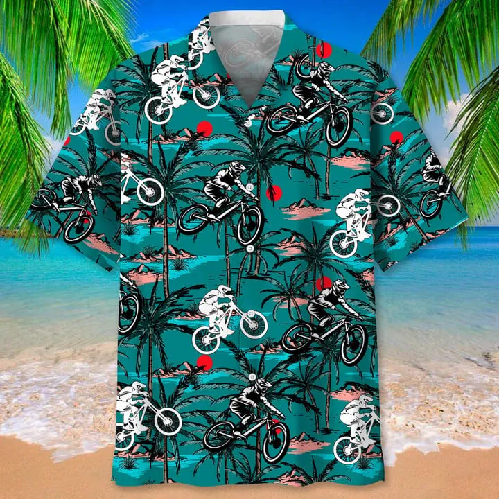 Mountain Bike Nature Flower Hawaiian Shirt, Men's Hawaiian Shirt Tropical Aloha Shirts Short Sleeve Beach Holiday Casual Shirts