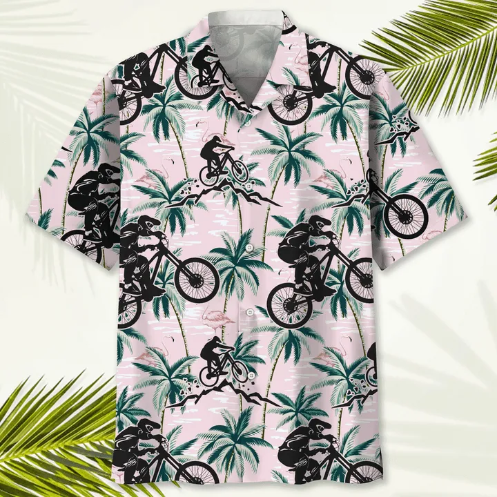 Mountain Bike Nature Flower Hawaiian Shirt, Men's Hawaiian Shirt Tropical Aloha Shirts Short Sleeve Beach Holiday Casual Shirts