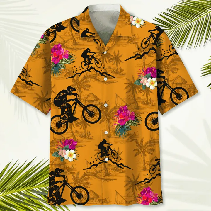 Mountain Bike Nature Flower Hawaiian Shirt, Men's Hawaiian Shirt Tropical Aloha Shirts Short Sleeve Beach Holiday Casual Shirts